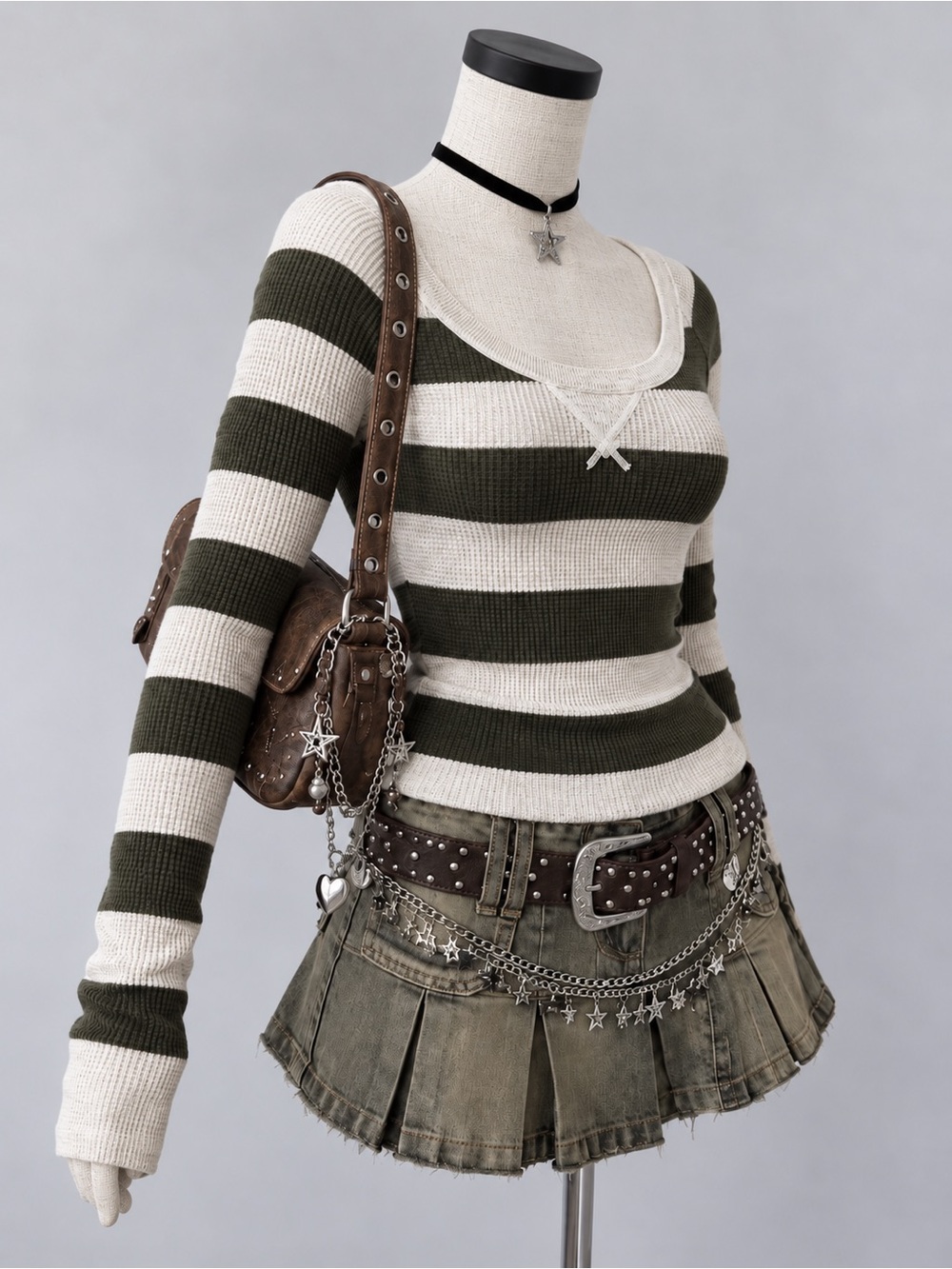 American Eagle Outfitters Olive & Cream Striped Scoop Neck Thermal Sweater